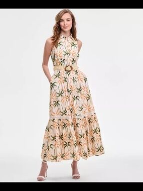 Taylor Sleeveless Collared Maxi Dress in Peach & Green Palm Print